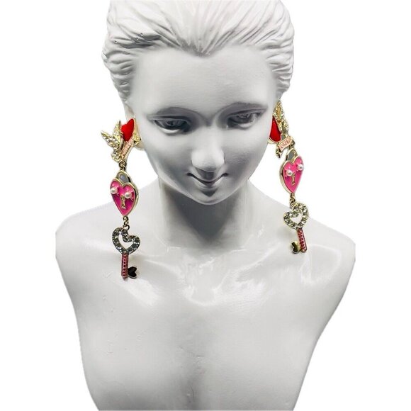 INC Pink Heart-Key-Dove Heart Pearl Crystal Detail Triple Drop Linear Earrings - Picture 2 of 4